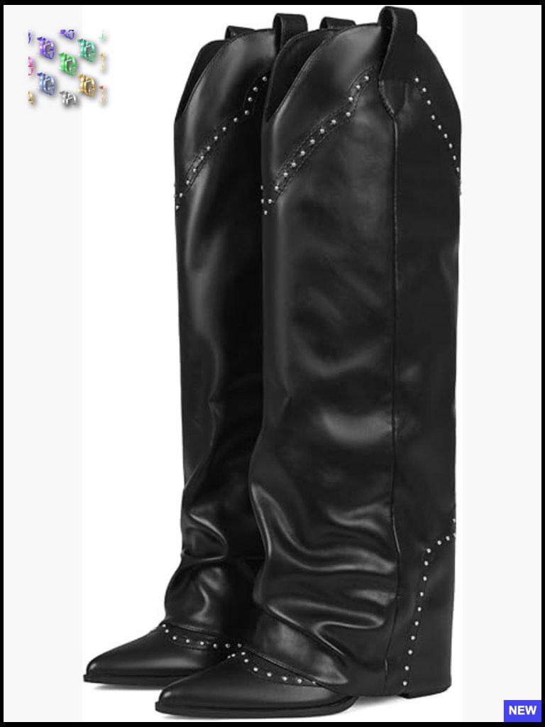 Fold Over Knee High Boots Snip Toe Chunky Heel Studded Vegan Leather Pull On